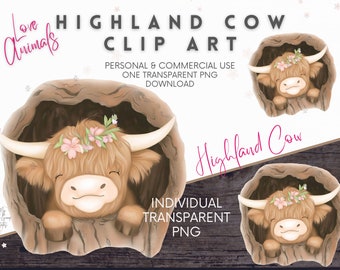 Highland Cow Clipart Watercolor, Nursery Wall Art, Cute Baby Shower Graphics, PNG Illustration, Animal Tree Trunk Instant Digital Download