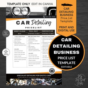 Car Detailing Price List Template Business, Editable Pricing, Canva Automotive Services Flyer, Auto Car Repair Fix Car Wash Silver Yellow