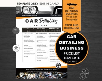 Car Detailing Price List Template Business, Editable Pricing, Canva Automotive Services Flyer, Auto Car Repair Fix Car Wash Silver Yellow