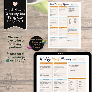 May include: A digital weekly meal planner template with a colorful design. The template includes sections for breakfast, lunch, and dinner for each day of the week. It also includes a recipes ideas board and a list of ingredients to add to shopping.