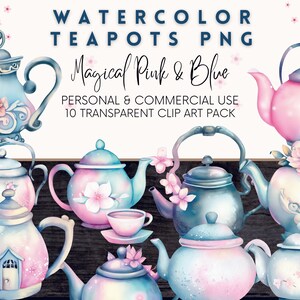 May include: Ten watercolour illustrations of teapots in shades of pink and blue with floral designs. The teapots are on a dark wood background.  WATERCOLOR TEAPOTS PNG Magical Pink & Blue PERSONAL & COMMERCIAL USE 10 TRANSPARENT CLIP ART PACK