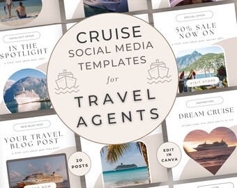Travel Agent Social Media Bundle Template Digital, Cruise Posts Content, Editable Canva, Blogger Marketing, Ocean Blue, Vacation Sail