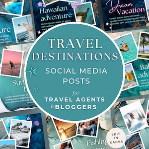 Posts voor reisagenten, Canva-sjabloon voor sociale media, bewerkbare vakantiemarketinginhoud, blog, flyer voor merkkits, skiën, vissen, surfen, strand
