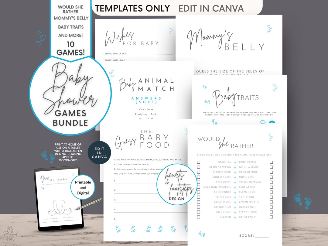 Baby Shower Games Dusty Blue Template Bundle, Blue Boy Games Pack ...