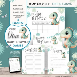 Baby Shower Games Bundle Canva Templates, Fun Easy Dinosaur Minimalist Games Pack, Gender Neutral, Editable Print, Party Activity