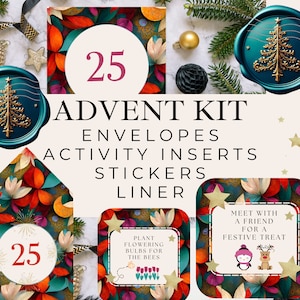 Advent Calendar Digital Kit Printable, Kids DIY Activities Cards, Floral Christmas Countdown Envelopes, Liner, Activity Stickers, Download