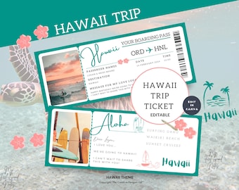Plane Ticket to Hawaii, Surprise Trip, Printable Boarding Pass, Hawaiian Travel, Editable Template, Birthday Gift, Vacation Flight Coupon