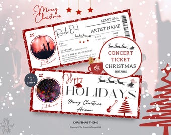 Könnte beinhalten: Rote und weiße druckbare Weihnachts-Konzertkartenvorlage mit dem Text "Rock On!" und "Happy Holidays". Die Vorlage verfügt über ein Konzertkarten-Design mit einem rot-weißen Farbschema und einem festlichen Weihnachtsthema.