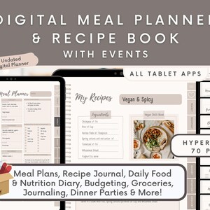 Op de afbeelding: Een digitale maaltijdplanner en receptenboek met 70 pagina's. De planner bevat secties voor wekelijkse maaltijdplanning, recepten, een voedingsdagboek, budgettering, boodschappen, journalen en dinerparty's. De planner is compatibel met alle tabletapplicaties.