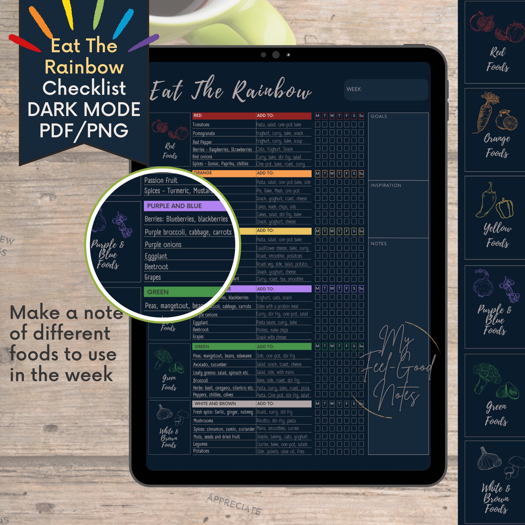 Eat the Rainbow Checklist Goodnotes Dark Mode Navy Blue Healthy Food ...