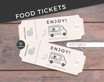 Maaltijdticket foodtruck, drankbon bruiloft, bewerkbare maaltijdsjabloon, evenementpizzatoken, cadeaubon aanpasbaar, direct downloaden
