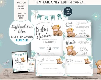 Könnte beinhalten: Ein Babyparty-Set mit Highland-Kuh-Motiv. Das Set enthält Einladungen, Dankeskarten und eine Story-Karte. Die Illustrationen zeigen eine Highland-Kuh in einem sanften Blau- und Weißton. Der Text lautet "Baby Shower".