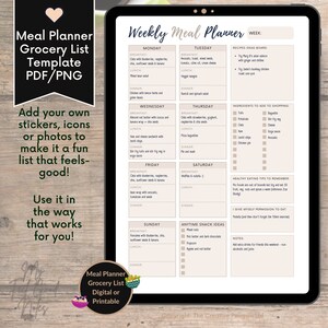 My Feel Good Notes, meal planner grocery list template pdf png goodnotes. Neutral Minimal Beige White. Printable Planner. Breakfast, Lunch, Dinner iPad. Tablet. Shopping List. Ingredients. Notes. Brainstorm. Weekly. Canned, frozen, pantry, drinks.
