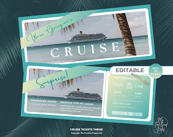 May include: Two cruise ticket designs with a tropical theme. The top ticket reads "We're Going on a Cruise" and the bottom ticket says "Surprise!". Both tickets feature a cruise ship on the ocean. The tickets are editable.