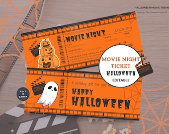 Druckbare Tickets Halloween, Movie Pass, Familienfeier druckbare, bearbeitbare Vorlage, Sofort Download, Canva Geschenkgutschein, Überraschung Geburtstag