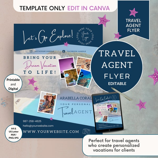 Travel Agent Flyer Template, Social Media Content, Travel Agency Consultant, Canva Editable, Sea Blue Vacation, Photo Marketing Logo