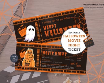 Ticket Halloween-filmavond, afdrukbare uitnodiging, bewerkbare sjabloon, direct downloaden, Canva-cadeaubon, verrassingsfeestje