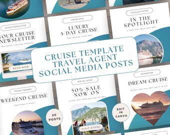 Travel Agent Social Media Bundle Template, Cruise Posts Content, Editable Canva, Blogger Marketing, Ocean Blue, Vacation