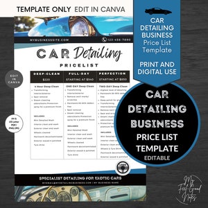 Autodetailing Prijslijstsjabloon Zakelijk | Bewerkbare prijzen Blauw | Canva Automotive Services-flyer DIY | Autodetaillering Reparatie Carwash