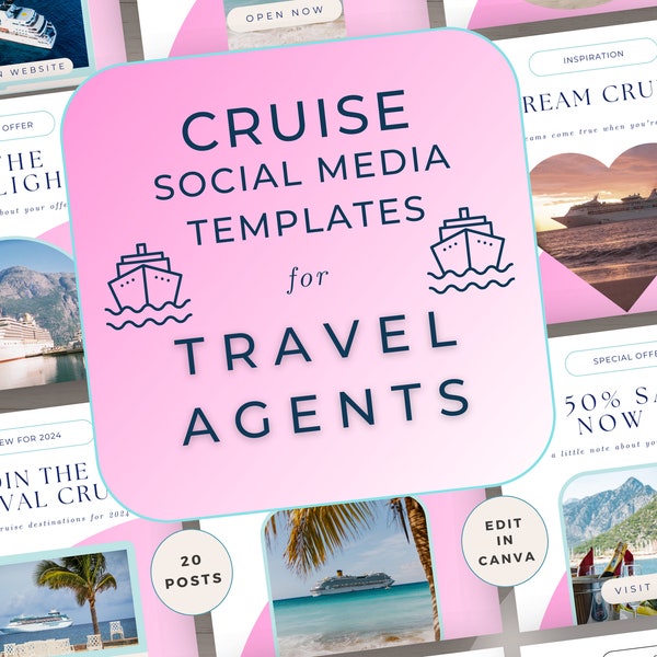 Social Media Posts Travel Agent Bundle Template, Cruise Posts Content, Editable Canva, Blogger IG Marketing Stories, Pink, Vacation Sail