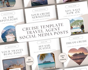 Travel Agent Social Media Bundle Template Digital, Cruise Posts Content, Editable Canva, Blogger Marketing, Ocean Blue, Vacation Sail