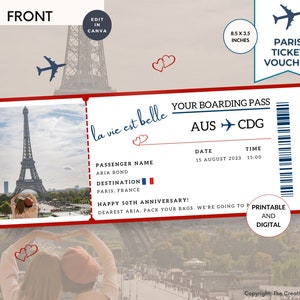 Carta d&#39;imbarco Parigi, modello regalo biglietto aereo a sorpresa, canva vacanza modificabile personalizzata, volo falso, viaggio stampabile, Rendez Vous