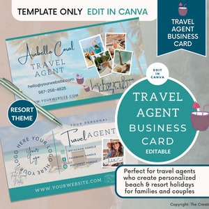 Modello per biglietti da visita per agenzia di viaggi, agente di consulenza di viaggio, Canva modificabile, località balneare, cartolina resort verde, cabina con logo per cartoline fotografiche