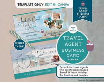 Travel Agency Business Cards Template, Travel Advisor Agent, Canva Editable, Sea Resort, Green Resort Postcard, Photo Card Logo Booth