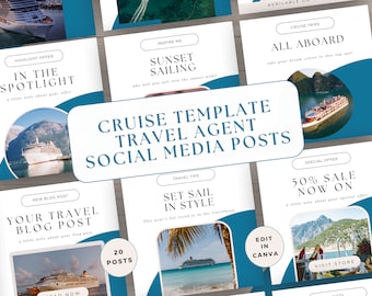 Travel Agent Social Media Bundle Template, Cruise Posts Content, Editable Canva, Blogger IG Marketing, Ocean Blue, Vacation Sail