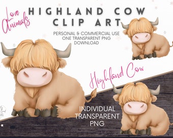 Highland Cow Clipart Watercolor, Nursery Wall Art, Cute Baby Shower Graphics, PNG Illustration, Animal Tree Trunk Instant Digital Download