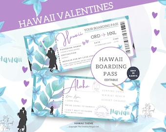 Boarding Pass to Hawaii, Floral Plane Ticket Template, Valentine Gift Trip, Travel Printable, Surprise Vacation, Flight Coupon Editable