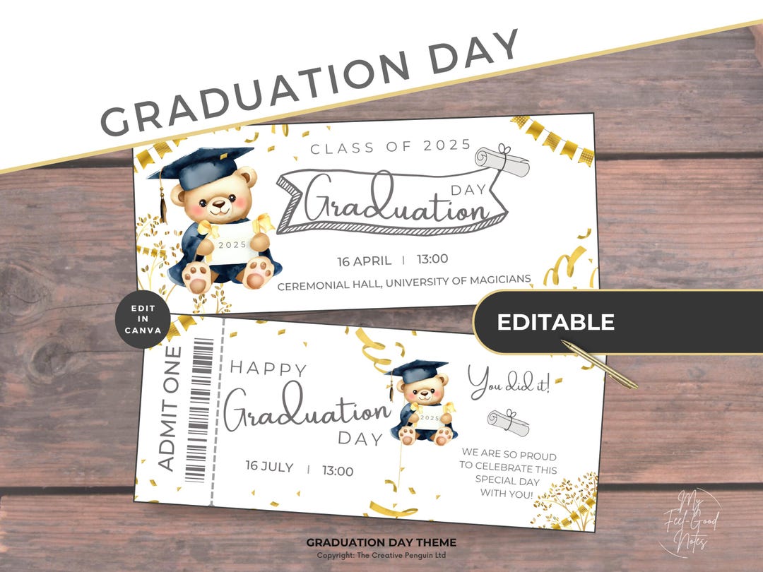 Graduation Ceremony Ticket, Bear, Editable Instant Download Invitation ...