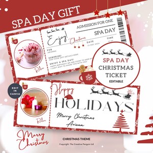 Cadeau billet d'une journée au spa, modèle d'événement de Noël, anniversaire surprise, carte de coupon de voyage imprimable, certificat de téléchargement immédiat, toile modifiable