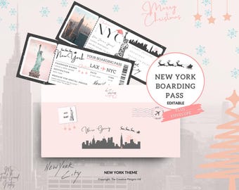 Trip to New York Ticket, Editable Boarding Pass Template, Christmas NYC, Printable Travel Flight Voucher, Surprise Gift, Vacation, Canva