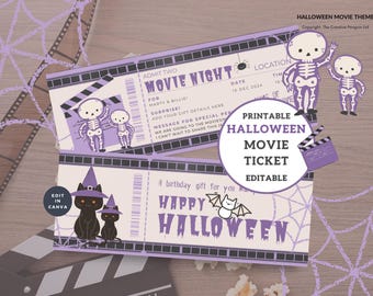 Halloween Movie Ticket, Printable Invitation, Editable Canva Template, Instant Download, Surprise Gift Coupon