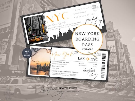 NYC Trip Ticket New York Boarding Pass Travel PDF Printable Personalized Vacation Surprise Template Gift Flight Coupon Canva Editable Etsy UK