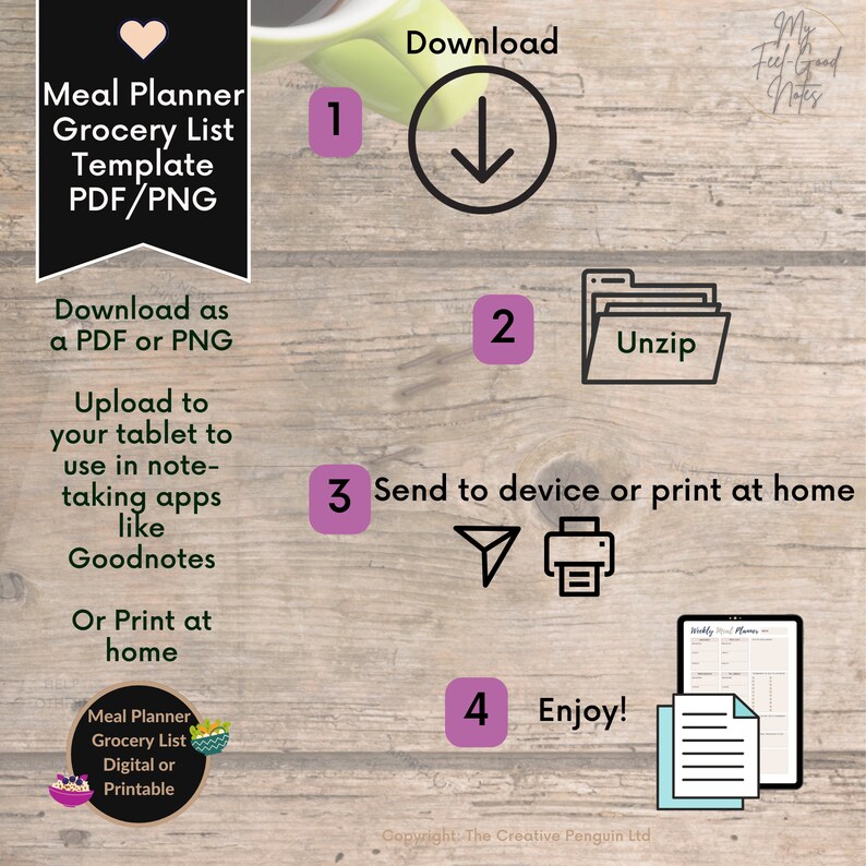 May include: A pink heart, a purple number 1, and a black arrow pointing down. The text "Download" is above the arrow. A purple number 2, a black folder with the text "Unzip" inside. A purple number 3, a black paper airplane, and a black printer. The text "Send to device or print at home" is to the right of the number. A purple number 4, the text "Enjoy!" and two blue sheets of paper. The text "Meal Planner Grocery List Template PDF/PNG" is in the upper left corner. The text "Download as a PDF or PNG" is below the title. The text "Upload to your tablet to use in note-taking apps like Goodnotes" is below the download text. The text "Or Print at home" is below the Goodnotes text. The text "Meal Planner Grocery List Digital or Printable" is in the lower left corner. The text "My Feel Good Notes" is in the upper right corner. The text "Copyright: The Creative Penguin Ltd" is in the lower right corner.