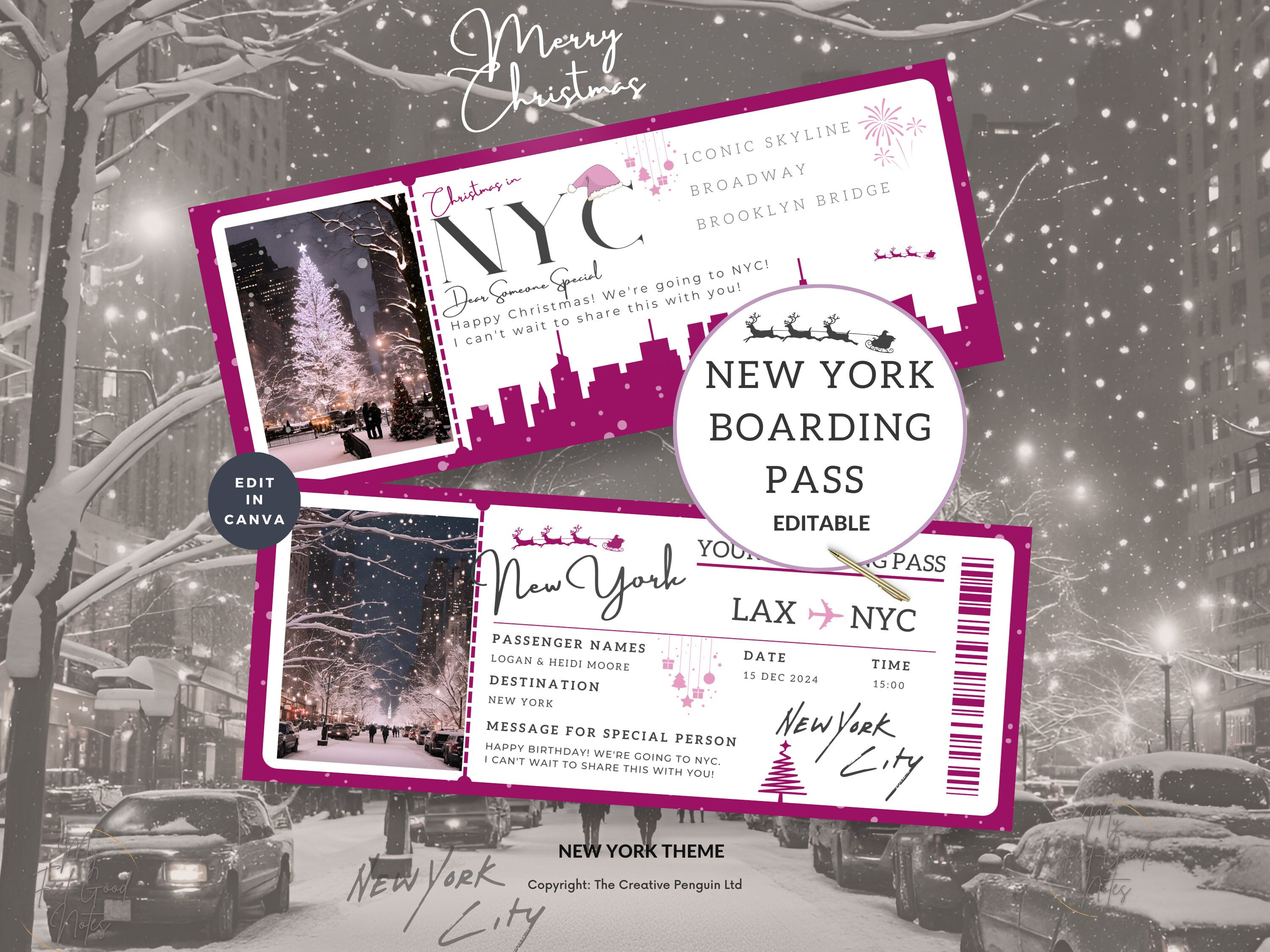 Boleto de viaje a Nueva York, Navidad en Nueva York, Plantilla de tarjeta de embarque de la ciudad sorpresa, Viaje imprimible, Revelación de vacaciones personalizada, Canva editable