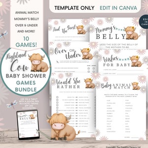 Highland Cow Baby Shower Games, Cow Theme Template Bundle, Boho Gender Neutral, Editable Printable, Ranch Pink Flowers, Girl, Boy
