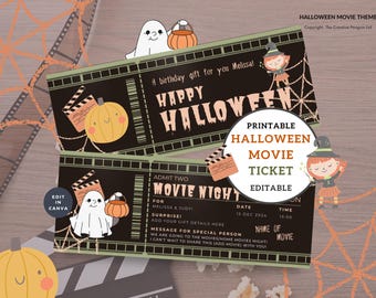 Halloween Movie Night Ticket einladen, druckbare bearbeitbare Vorlage, Sofort-Download, Canva Familiengeschenk, gruselige Überraschungs-Geburtstagsfeier