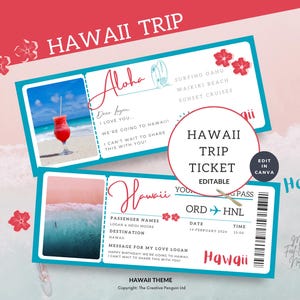 Boarding Pass Template Hawaii, Surprise Trip Plane Ticket, Editable Printable, Hawaiian Travel, Birthday Gift, Vacation Flight Coupon