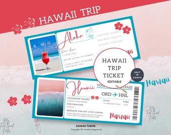 Plantilla de tarjeta de embarque para Hawái, boleto de avión para viaje sorpresa, editable e imprimible, viaje a Hawái, regalo de cumpleaños, cupón de vuelo para vacaciones