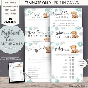 Highland Cow Baby Shower Games, Cow Theme Template Bundle, Boho Gender Neutral, Editable Printable, Ranch Blue Flowers, Girl, Boy