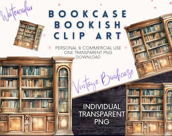 Bookish Clipart, Bookcase Bookshelf Watercolor PNG for Books Lover, Reading Bookworm, Library Interior Instant Download