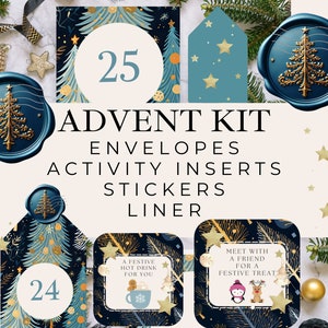 Advent Calendar Kit Printable DIY, Activities Cards, Christmas Countdown, Family Kids, Envelopes, Liner, Activity Stickers, Instant Download