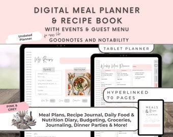 Digital Meal Planner and Recipe Book Goodnotes, Hyperlinked Meal Prep Food Journal, Planning Template, Grocery List Planner Ipad, Cookbook