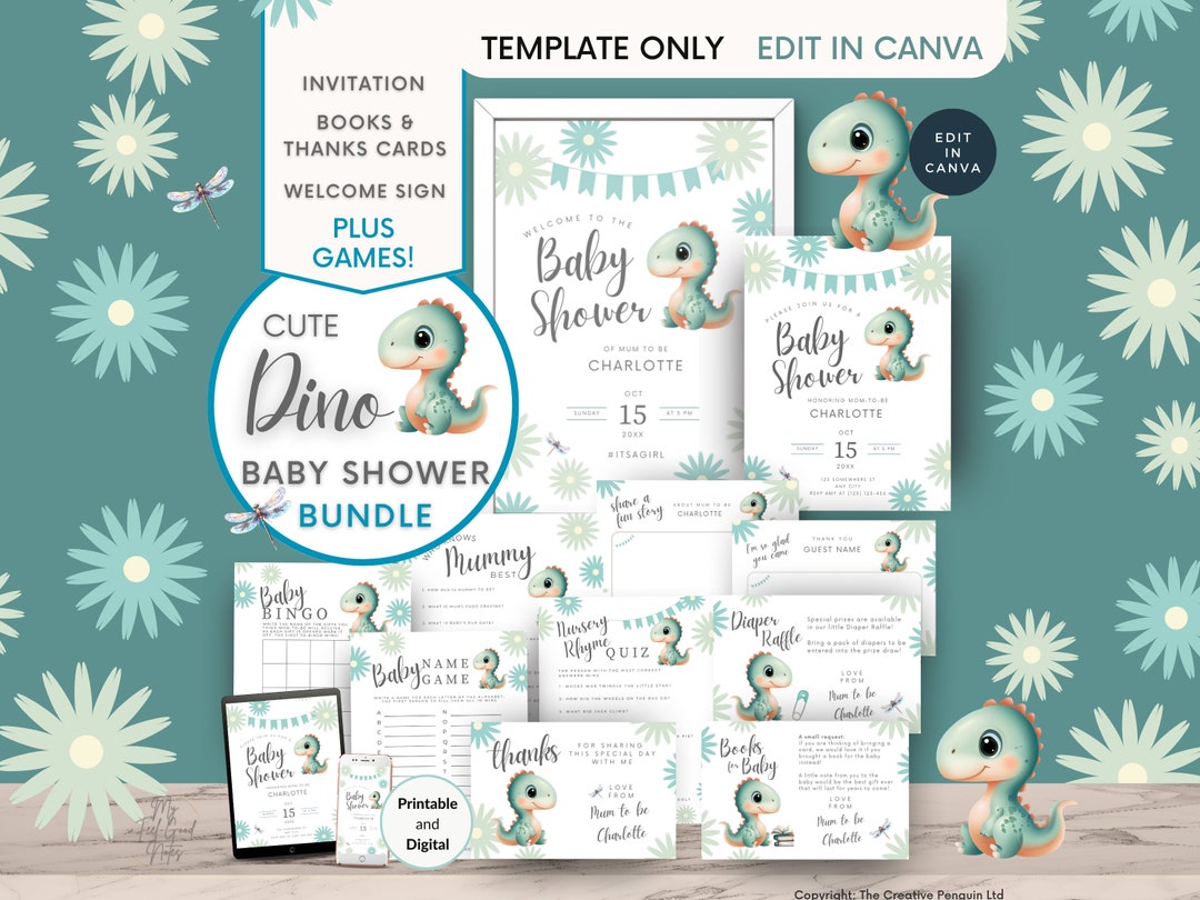 Dinosaur Baby Shower Bundle Templates, Dino Games Pack, Gender Neutral ...
