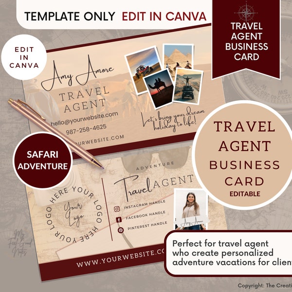 Travel Agent Business Cards Template, Travel Advisor Agency, Canva Editable, Marketing Safari Vacation Postcard, Photo Card Logo