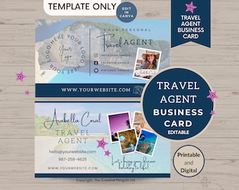 Travel Agent Business Cards Template | Travel Consultant | Canva Template Editable | Sea Sand Blue Postcard | Photo Card Logo