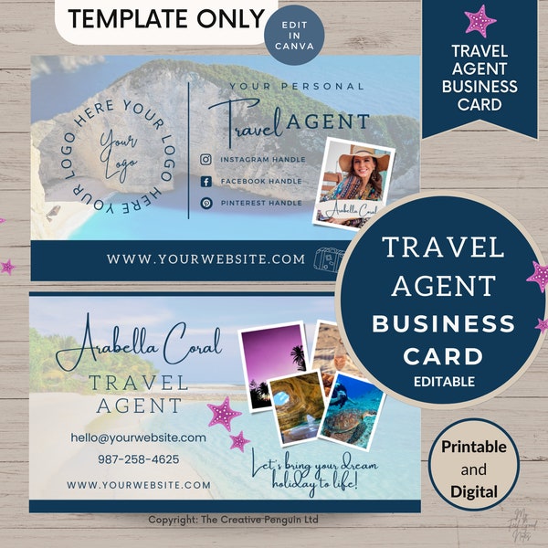 Travel Agent Business Cards Template | Travel Consultant | Canva Template Editable | Sea Sand Blue Postcard | Photo Card Logo